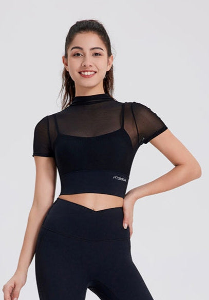 AIRMESH Two-in-One Turtle Neck Padded Mesh Crop Top