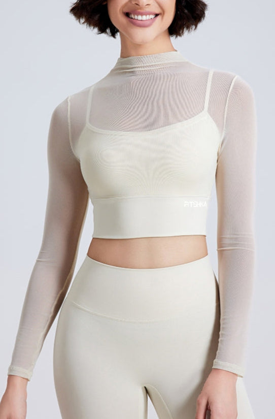 AIRMESH Two-in-One Long-Sleeve Padded Mesh Crop Top